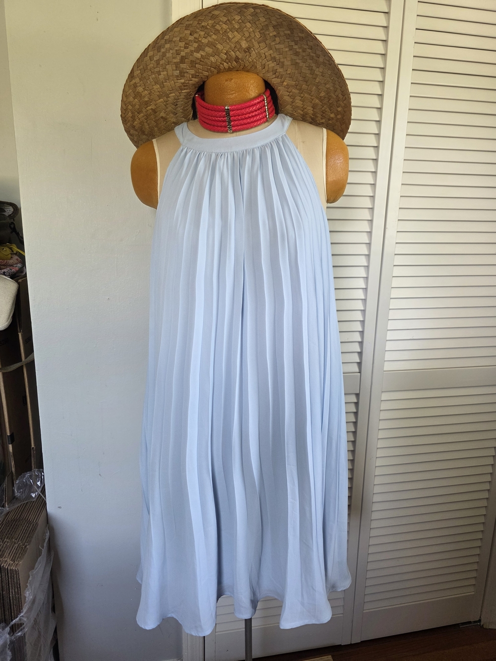 PRETTYGARDEN Light Blue Pleated Maxi Dress  Sleeveless Flowy Summer S Halter